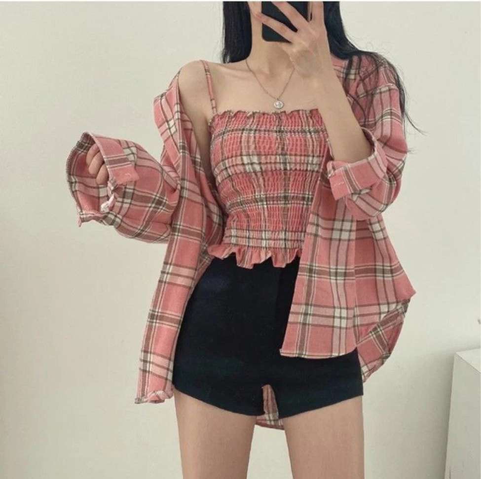 Fashion Women's Casual Regular Fit Check Shirt and Top (Pink)
