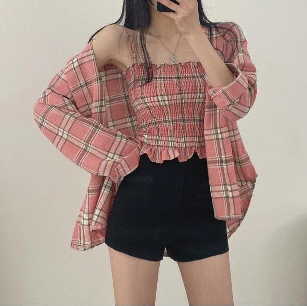 Fashion Women's Casual Regular Fit Check Shirt and Top (Pink)