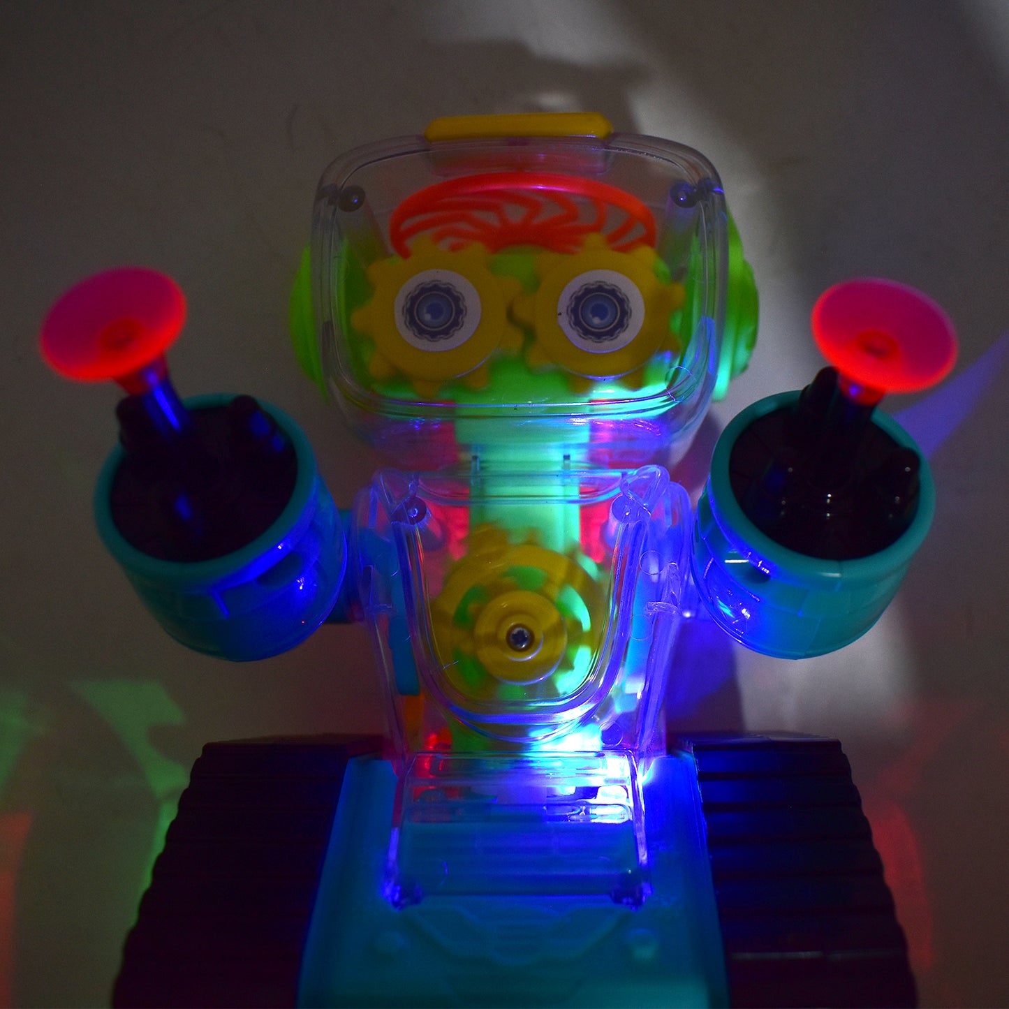 लाईट्स आणि म्युझिकसह पारदर्शक गियर रोबोट कार - बंप अँड गो अॅक्शन