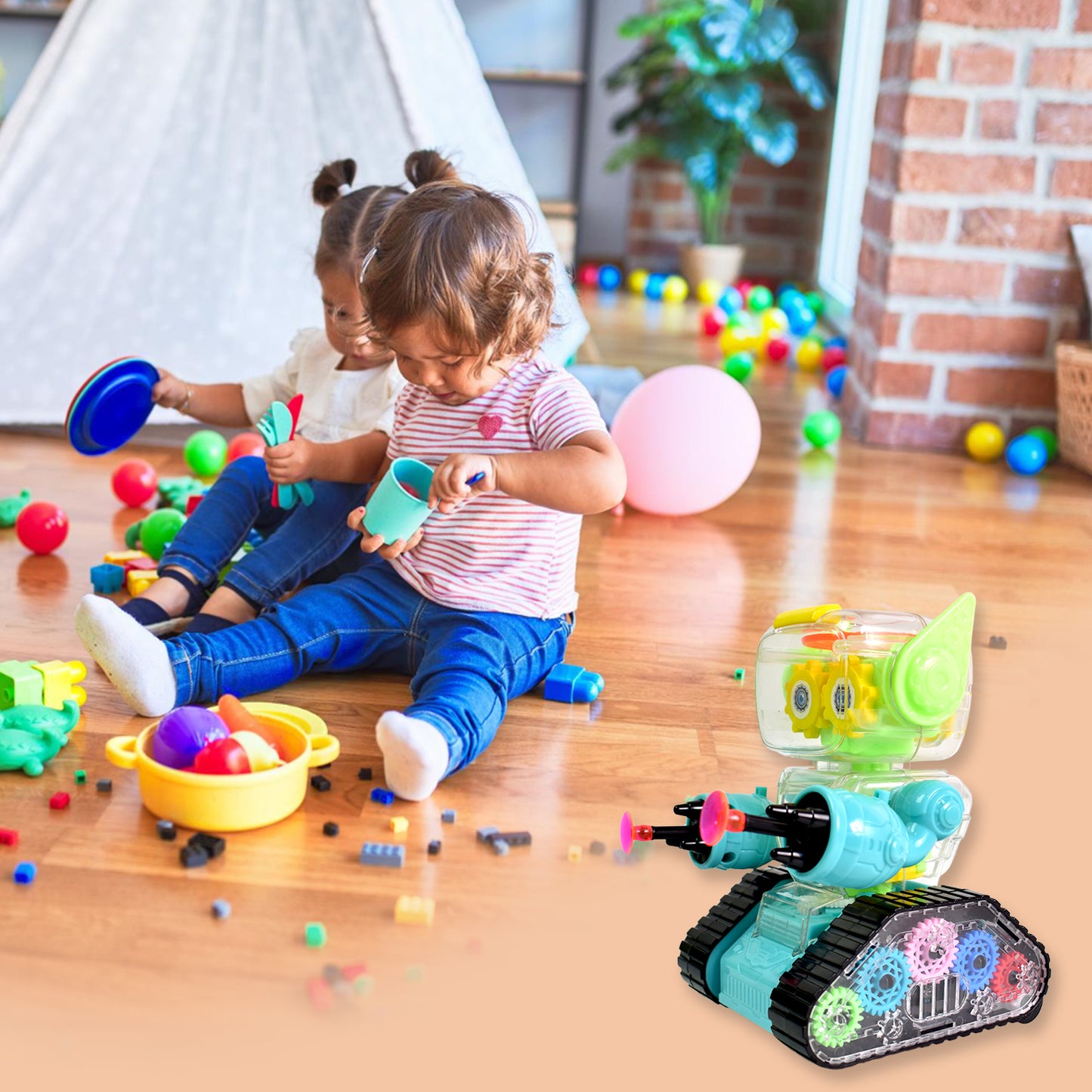 लाईट्स आणि म्युझिकसह पारदर्शक गियर रोबोट कार - बंप अँड गो अॅक्शन