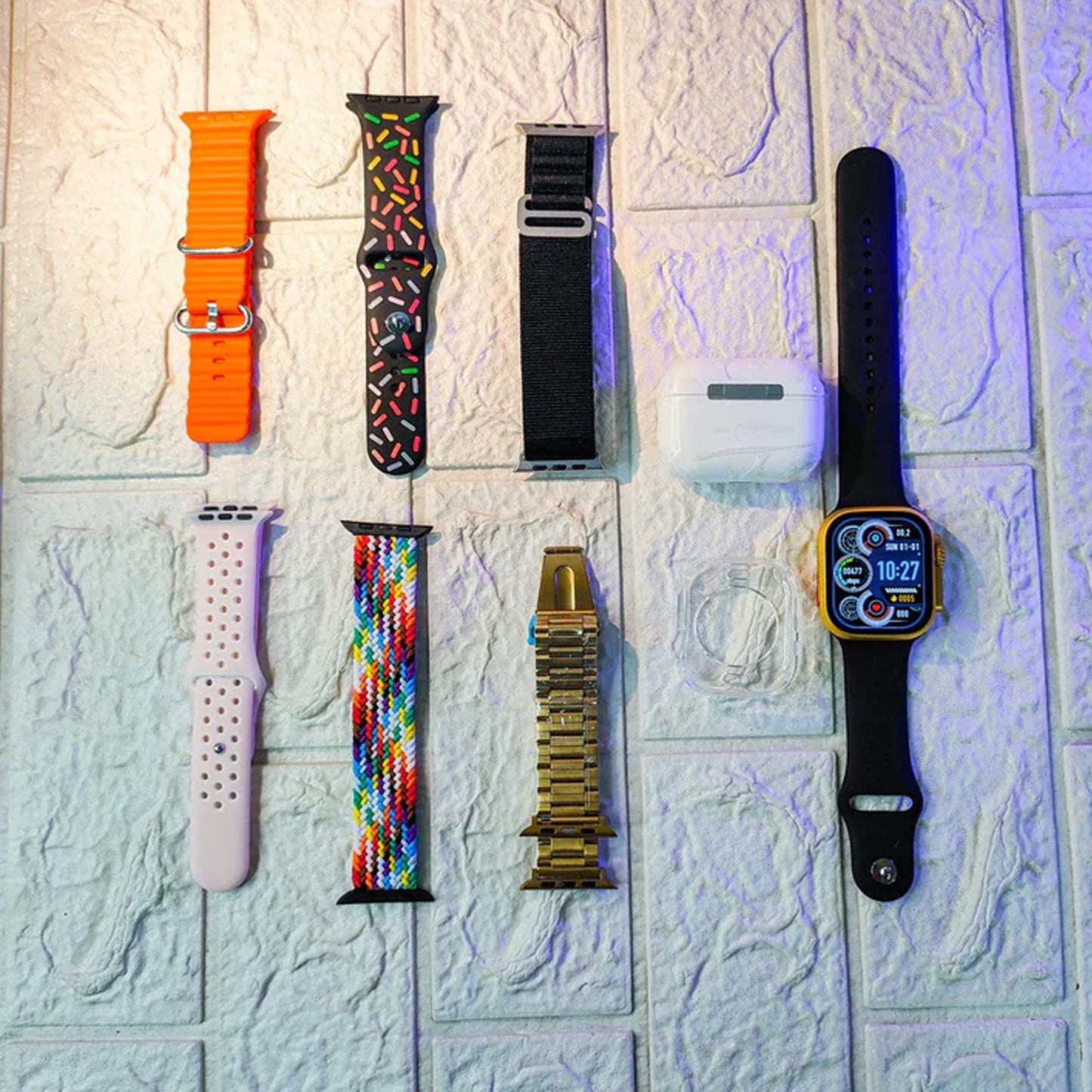 TwinSpire™ 10-in-1 Ultra Smart Bluetooth Calling Smartwatch Combo Set (With Earphones, 7 Straps, & Screen Guard – Mix Colors)