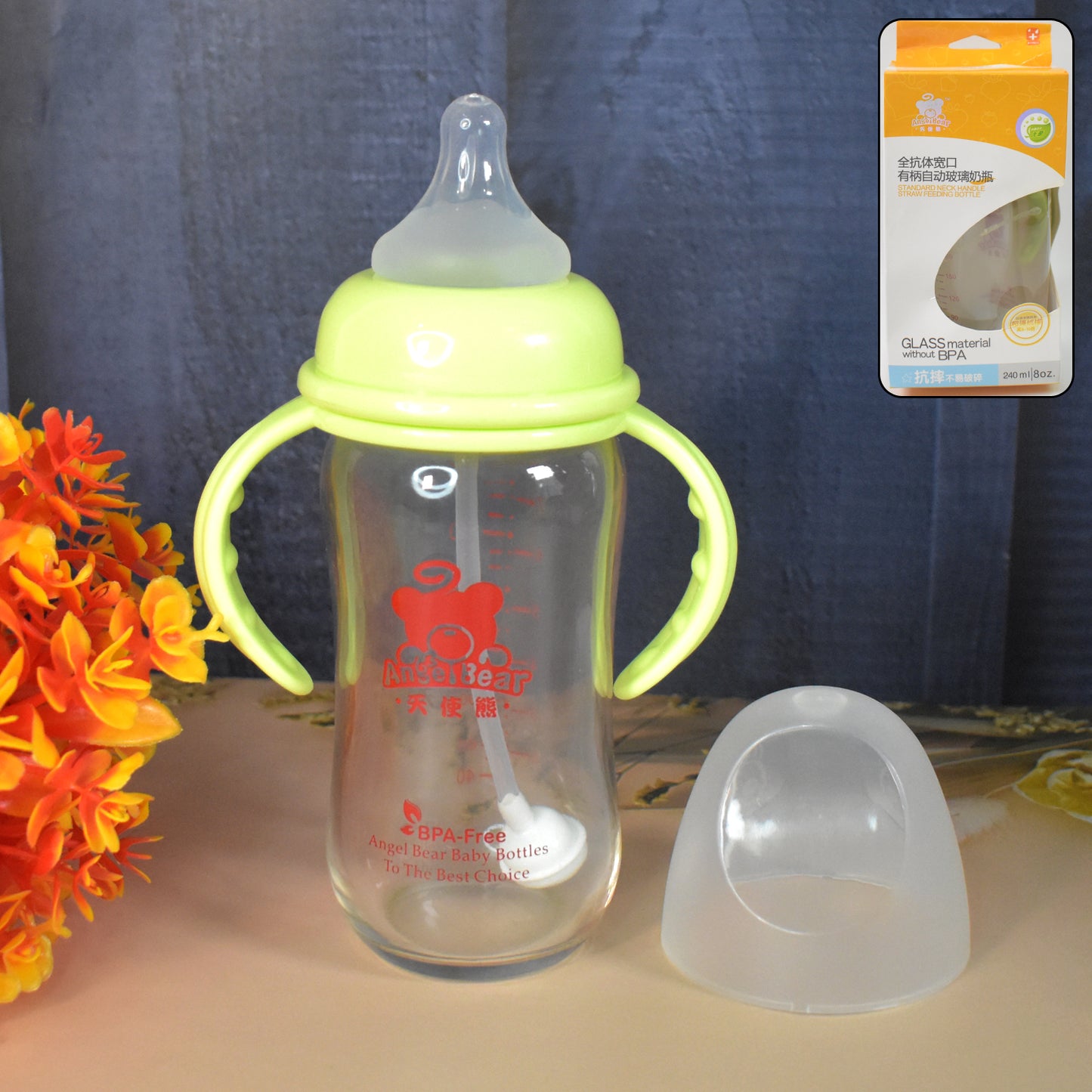 GlassMate™ Baby Feeding Bottle with Handles & Silicone Straw – BPA-Free Leakproof Glass Bottle for Infants (240 ML / 1 Pc)