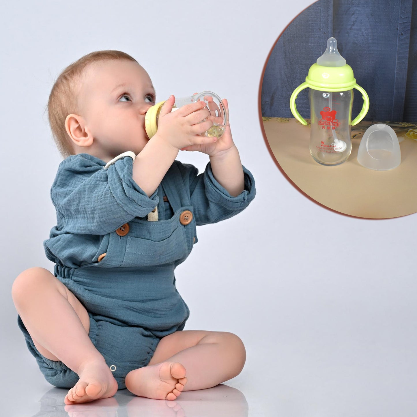 GlassMate™ Baby Feeding Bottle with Handles & Silicone Straw – BPA-Free Leakproof Glass Bottle for Infants (240 ML / 1 Pc)