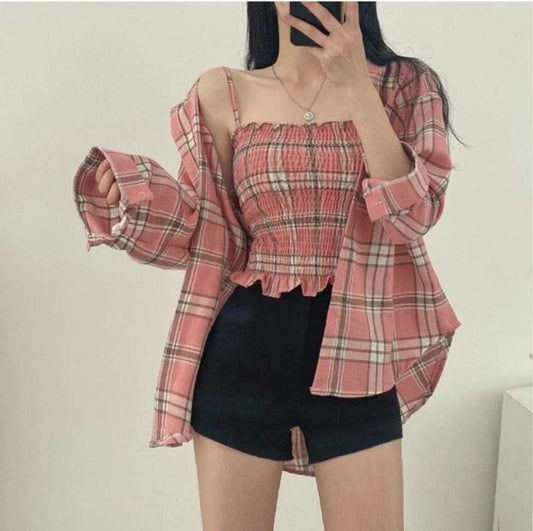 Fashion Women's Casual Regular Fit Check Shirt and Top (Pink)