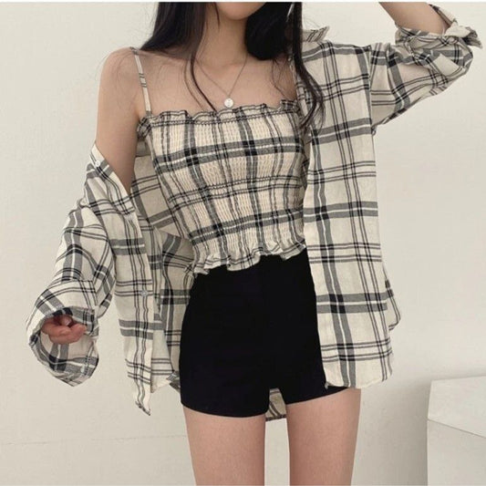 Fashion Women's Casual Regular Fit Check Shirt and Top (White)