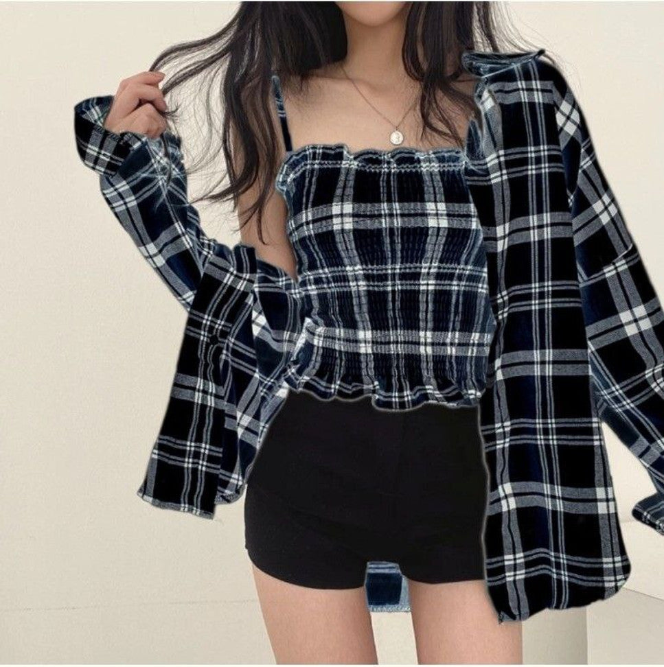 Fashion Women's Casual Regular Fit Check Shirt and Top (Black)