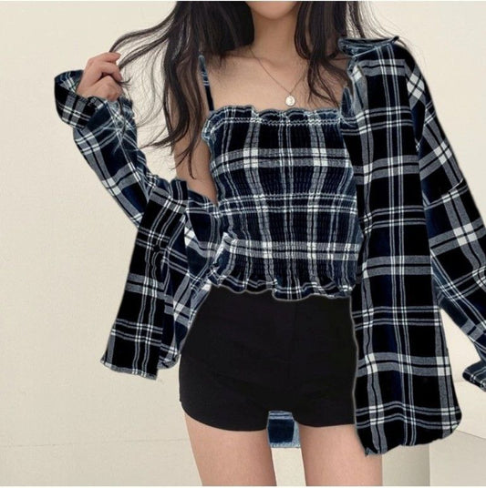 Fashion Women's Casual Regular Fit Check Shirt and Top (Black)