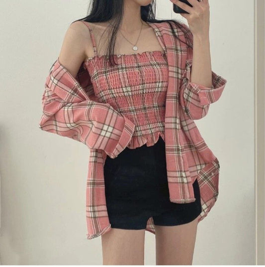 Fashion Women's Casual Regular Fit Check Shirt and Top (Pink)