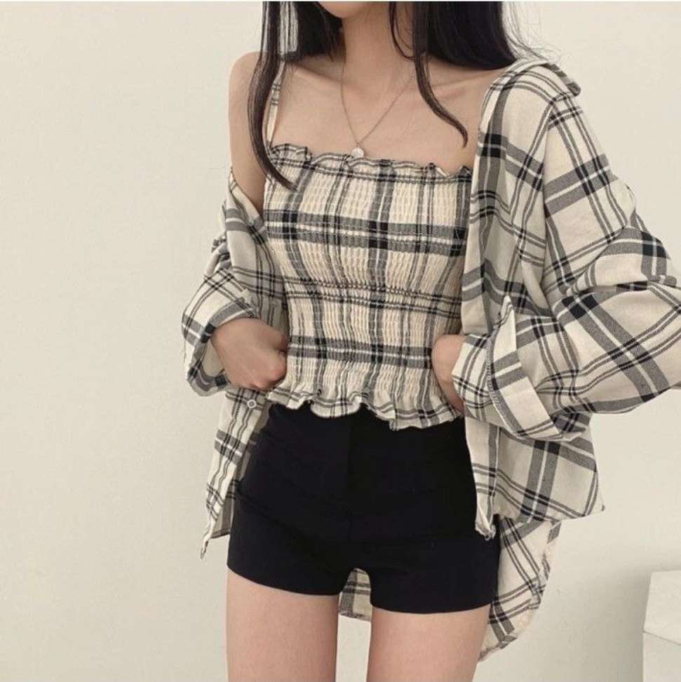 Fashion Women's Casual Regular Fit Check Shirt and Top (White)