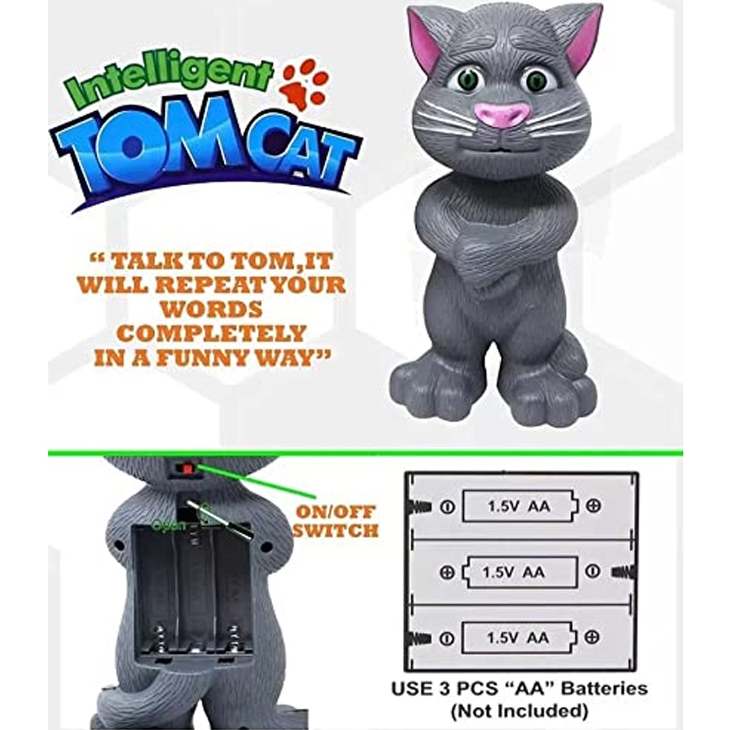 TwinSpire™ TalkiTom Interactive Talking Cat Toy (Mimicry + Touch Response | Ages 2+ | White/Grey)