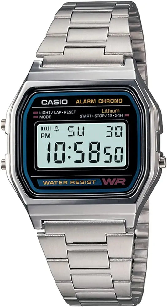 Casio Vintage A-158WA-1Q Digital Grey Dial Unisex Watch Silver Metal Strap 