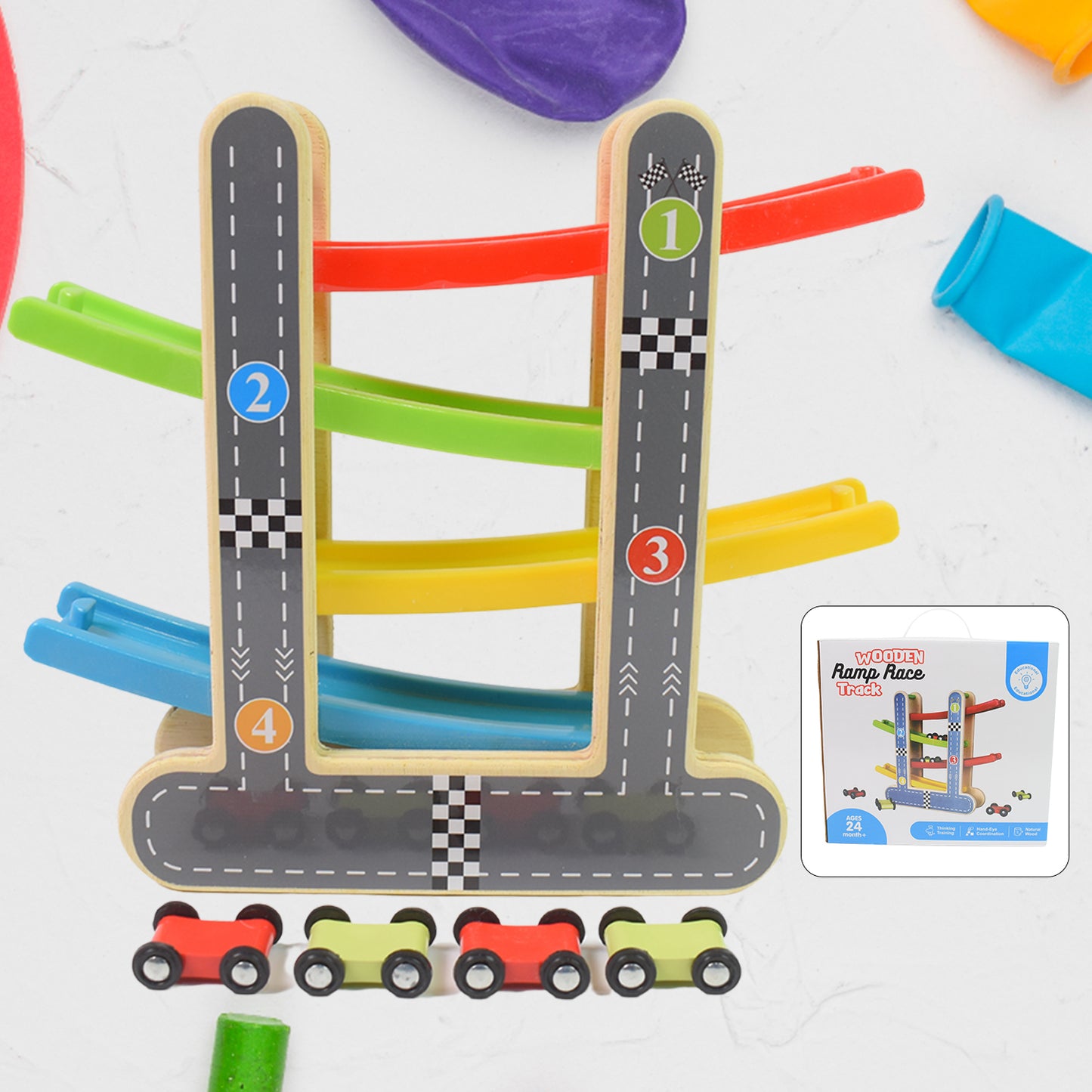 TwinSpire™ Wooden Car Racer Track Play Set with 4 Mini Racers – Click Clack Toys for Kids