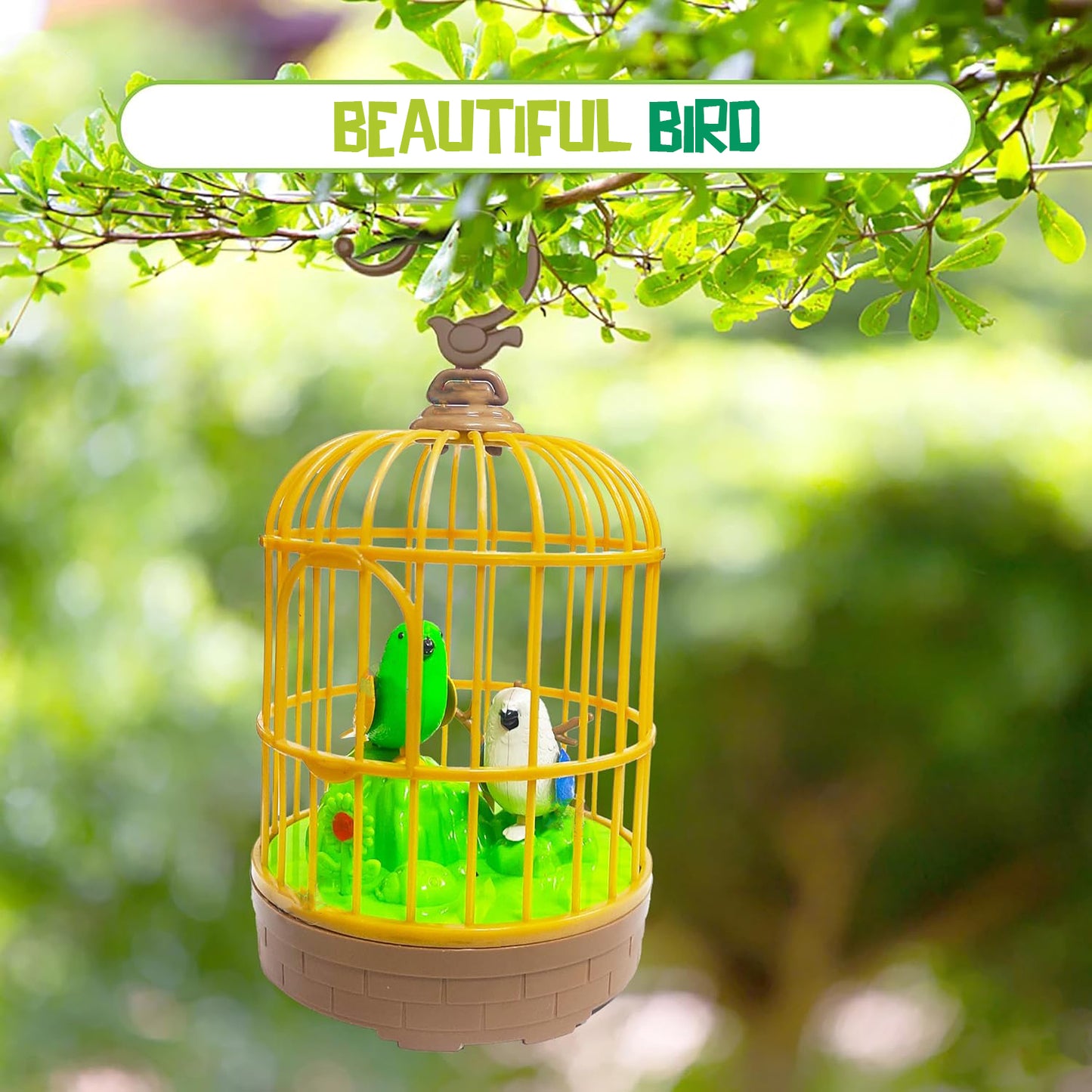 Sound-Activated Chirping Bird in Hanging Cage – Realistic Movement & LED Light (1 Pc)