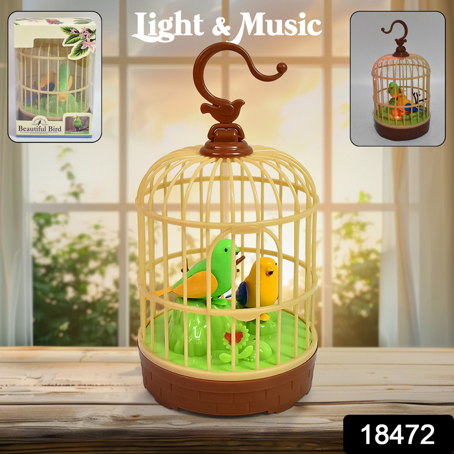 Sound-Activated Chirping Bird in Hanging Cage – Realistic Movement & LED Light (1 Pc)
