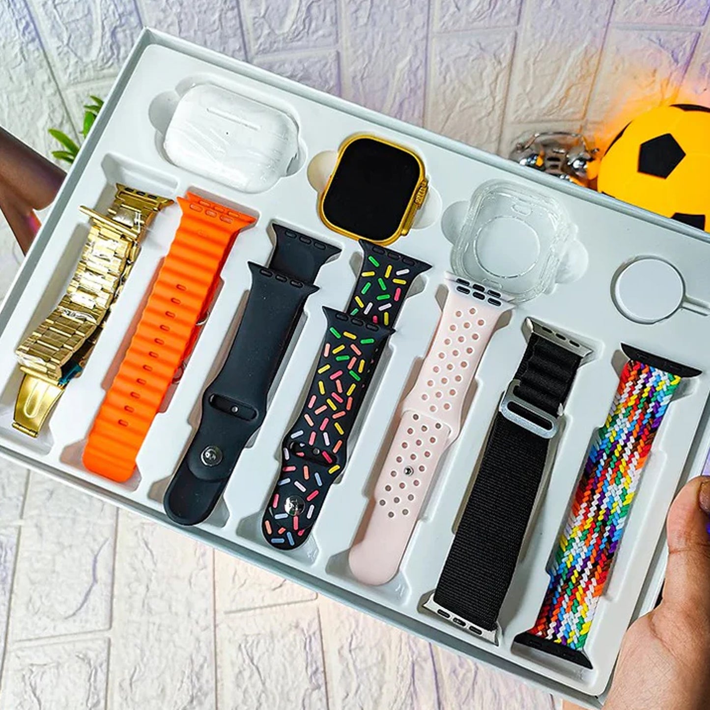 TwinSpire™ 10-in-1 Ultra Smart Bluetooth Calling Smartwatch Combo Set (With Earphones, 7 Straps, & Screen Guard – Mix Colors)