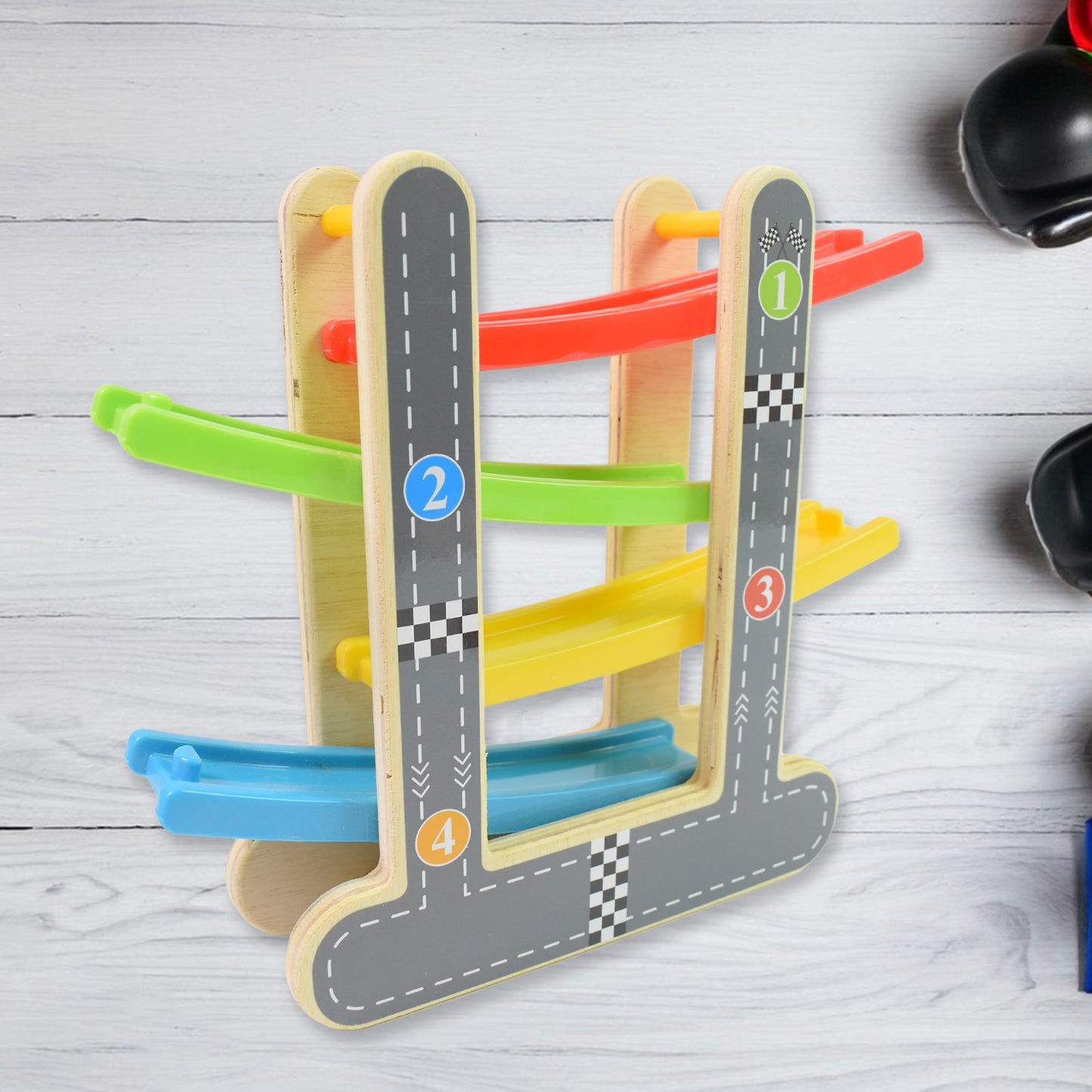 TwinSpire™ Wooden Car Racer Track Play Set with 4 Mini Racers – Click Clack Toys for Kids