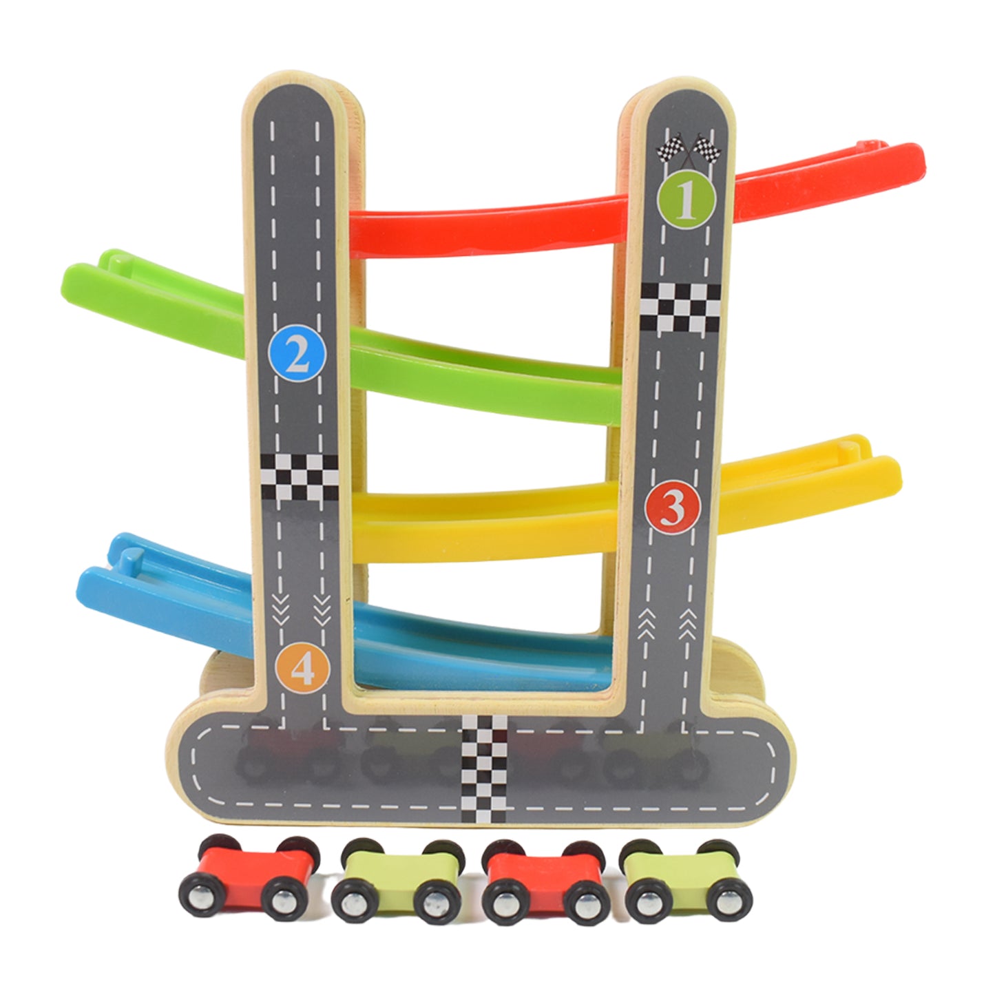 TwinSpire™ Wooden Car Racer Track Play Set with 4 Mini Racers – Click Clack Toys for Kids