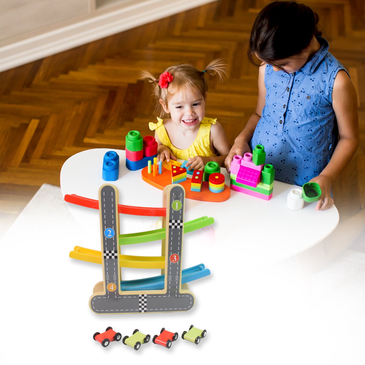 TwinSpire™ Wooden Car Racer Track Play Set with 4 Mini Racers – Click Clack Toys for Kids