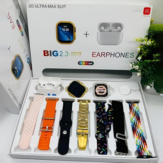 TwinSpire™ 10-in-1 Ultra Smart Bluetooth Calling Smartwatch Combo Set (With Earphones, 7 Straps, & Screen Guard – Mix Colors)