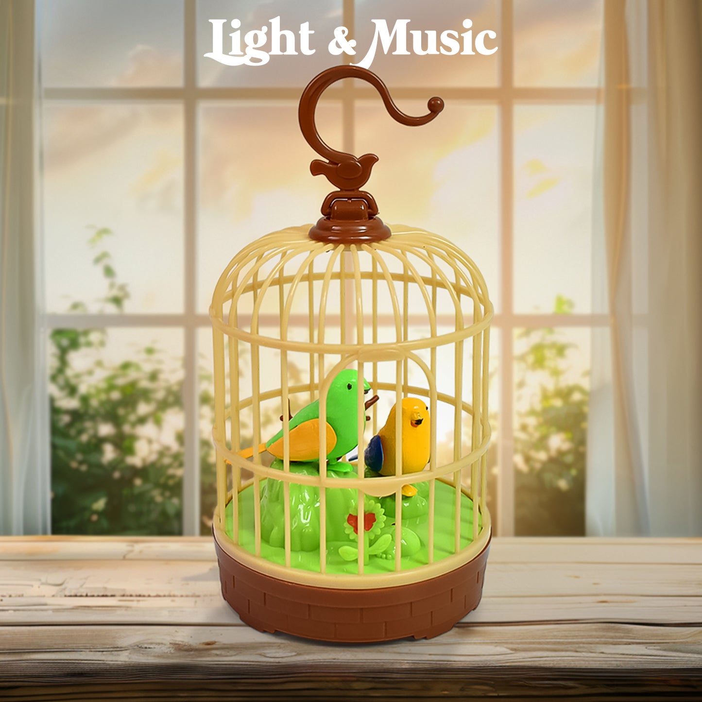 Sound-Activated Chirping Bird in Hanging Cage – Realistic Movement & LED Light (1 Pc)
