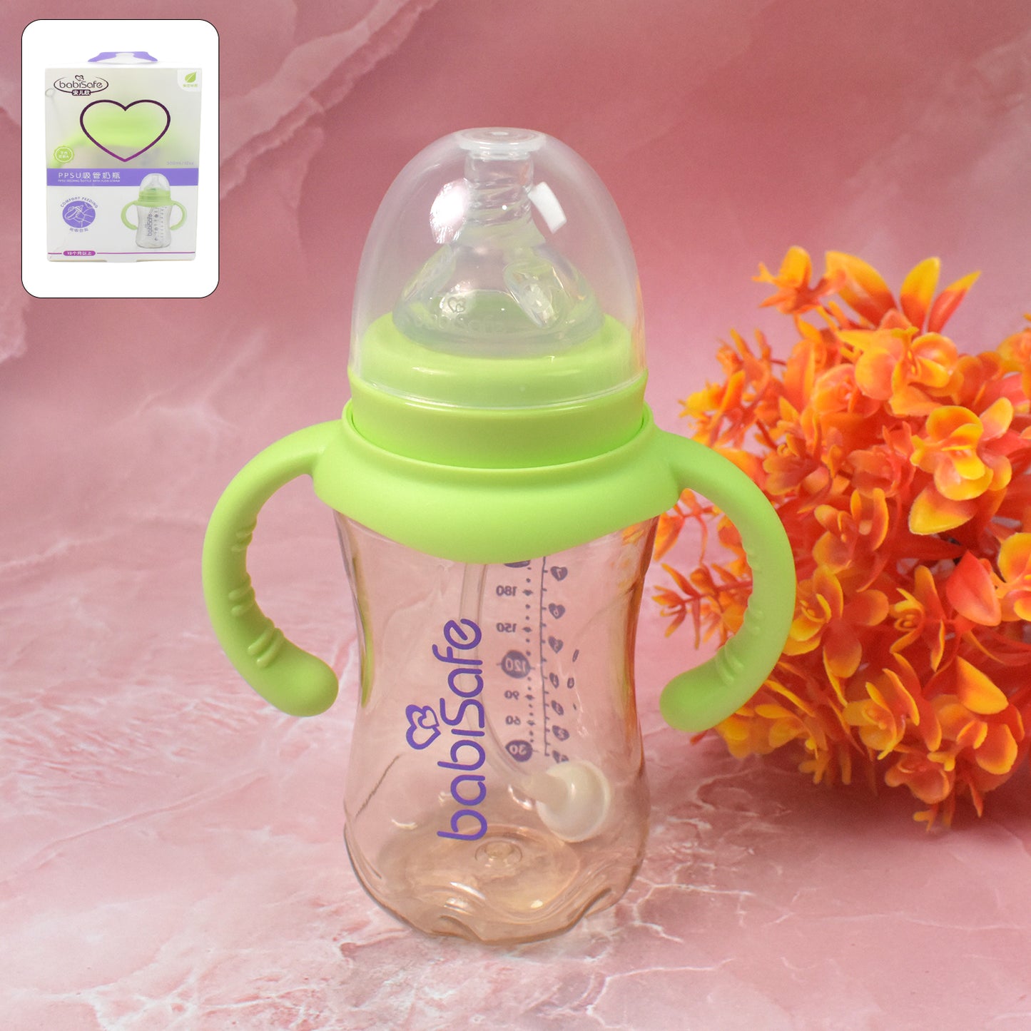 SippyJoy™ 300ML Baby Feeding Bottle with Handles, Silicone Straw & Cleaning Brush – BPA Free, Leakproof (1 Pc)