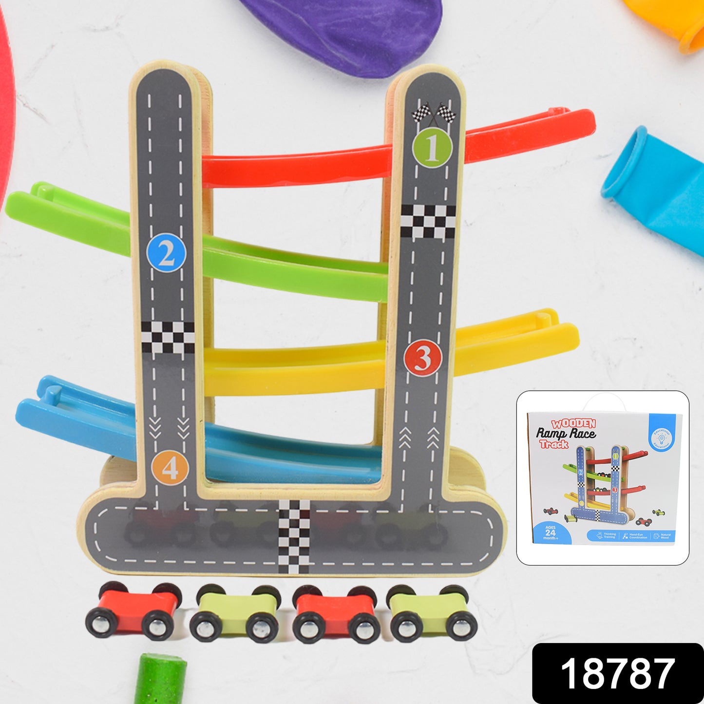TwinSpire™ Wooden Car Racer Track Play Set with 4 Mini Racers – Click Clack Toys for Kids